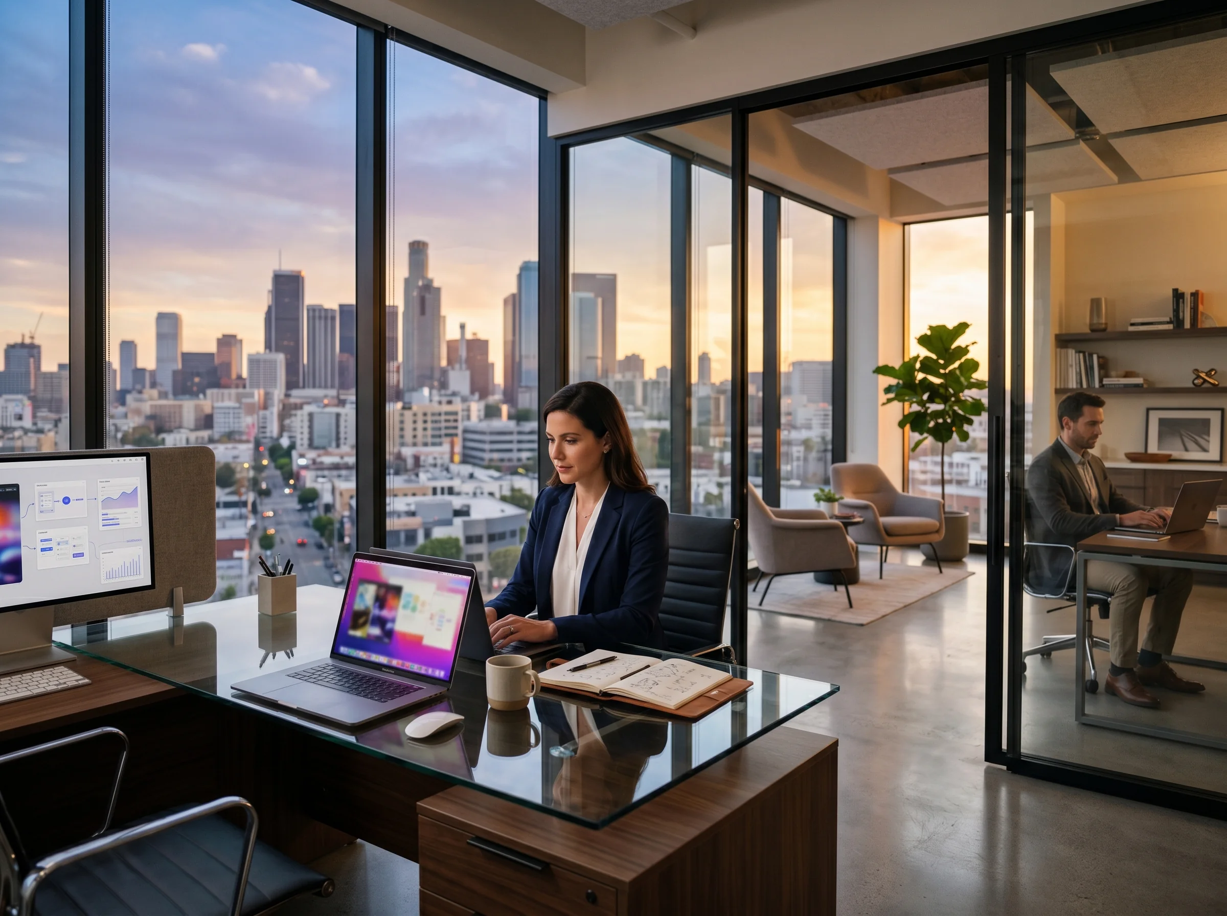Executive workspace overlooking a city skyline.