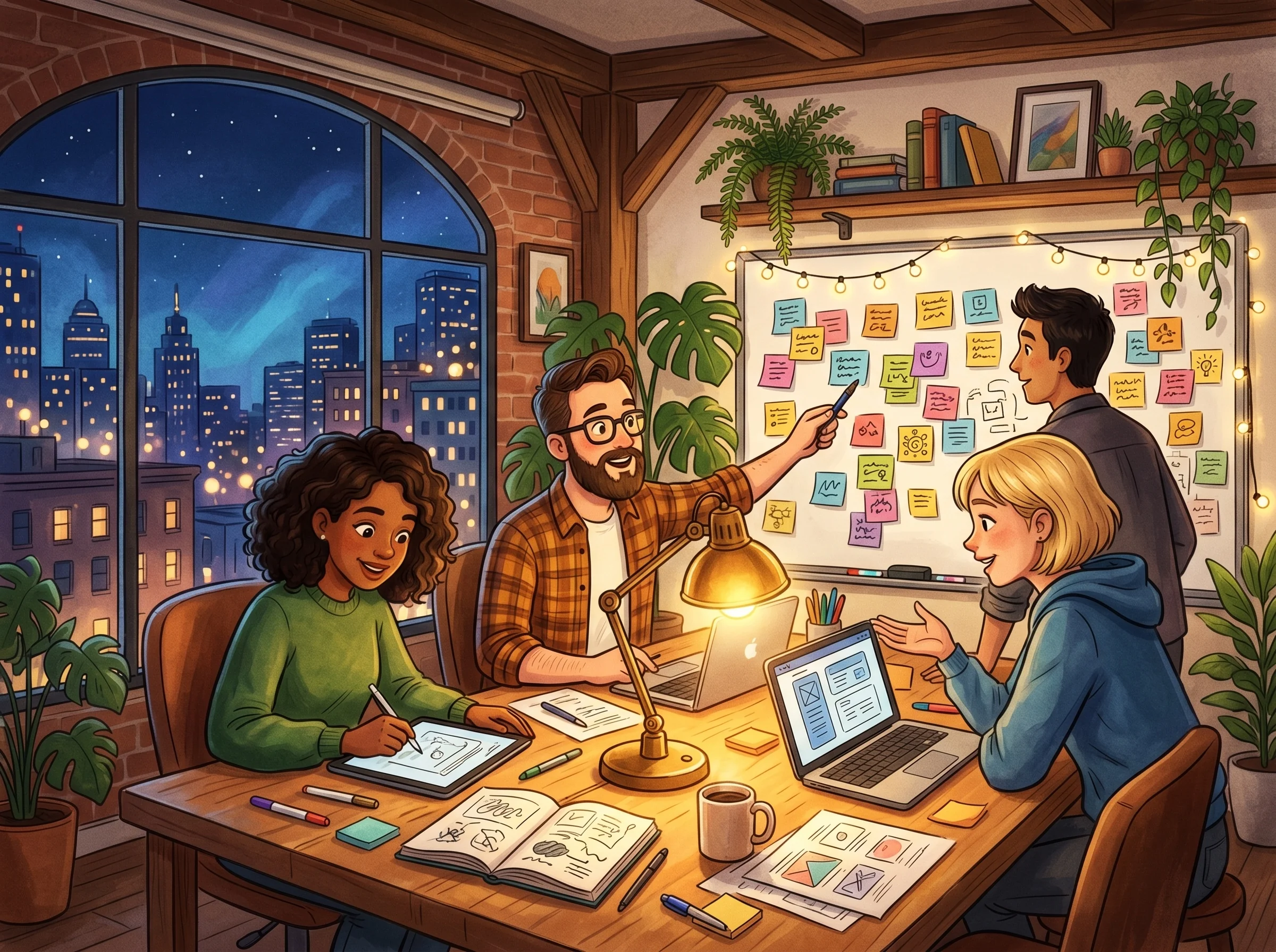 Night brainstorm office illustration.