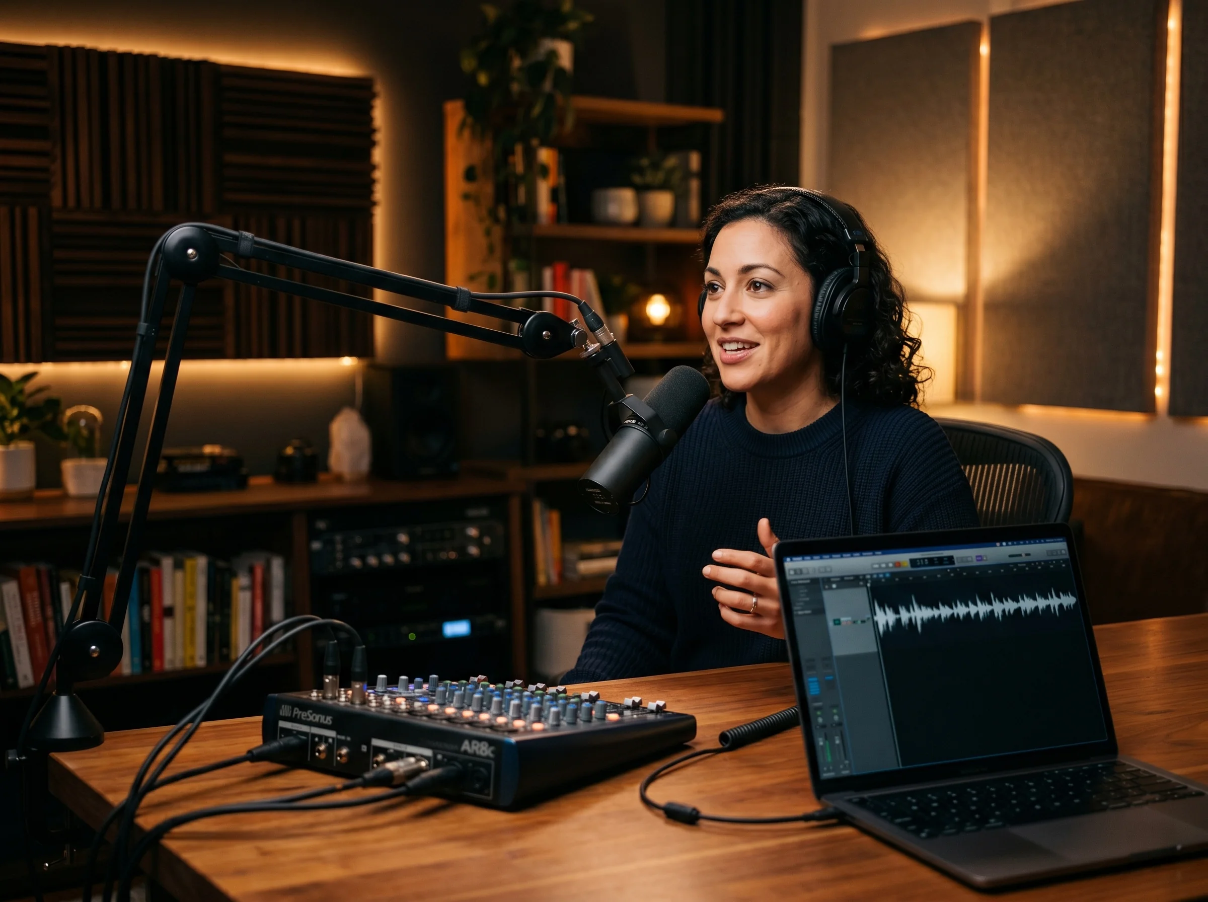 Podcast host speaking into a microphone in a recording studio.