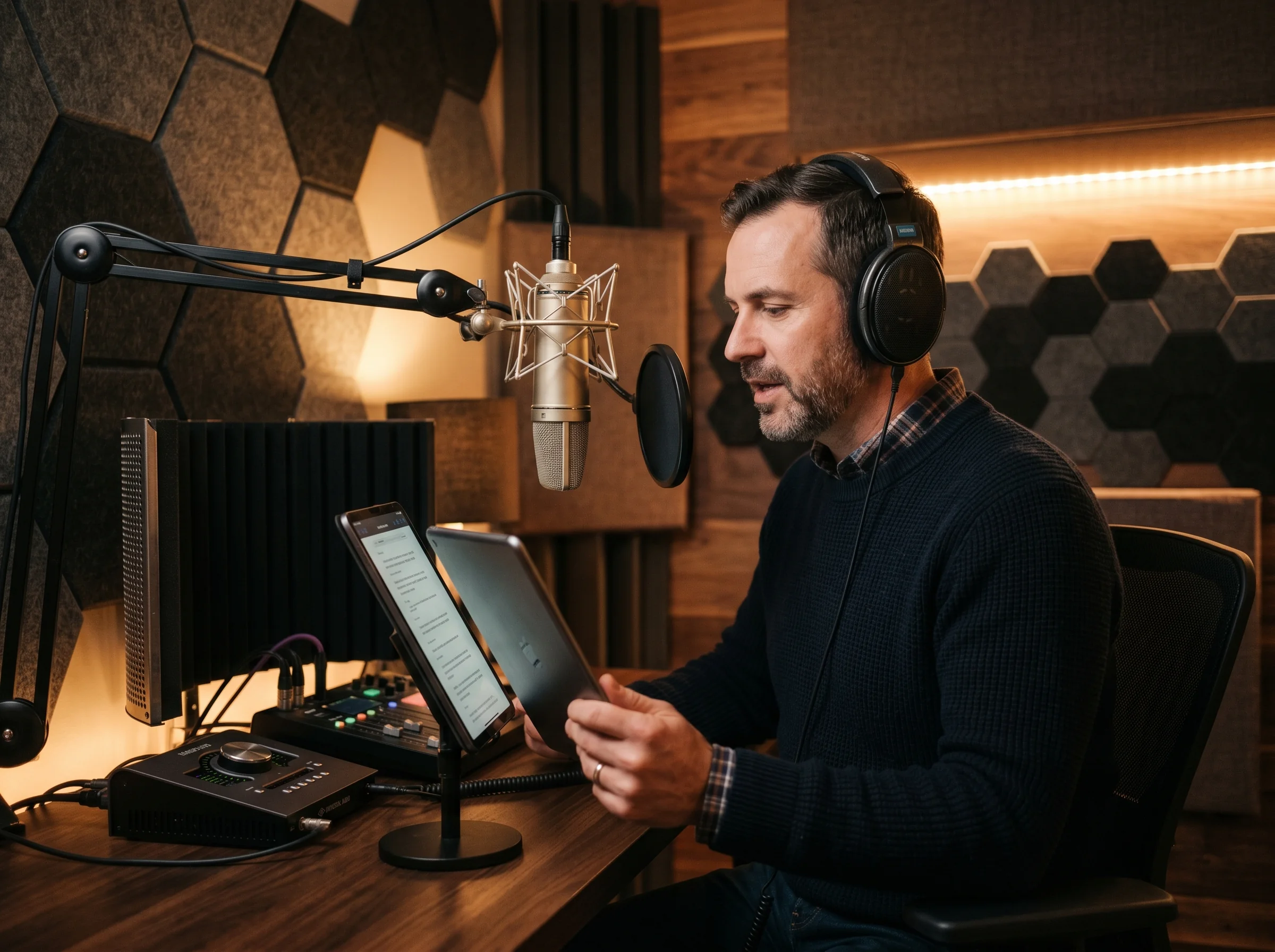 Male voiceover artist recording in a studio booth.