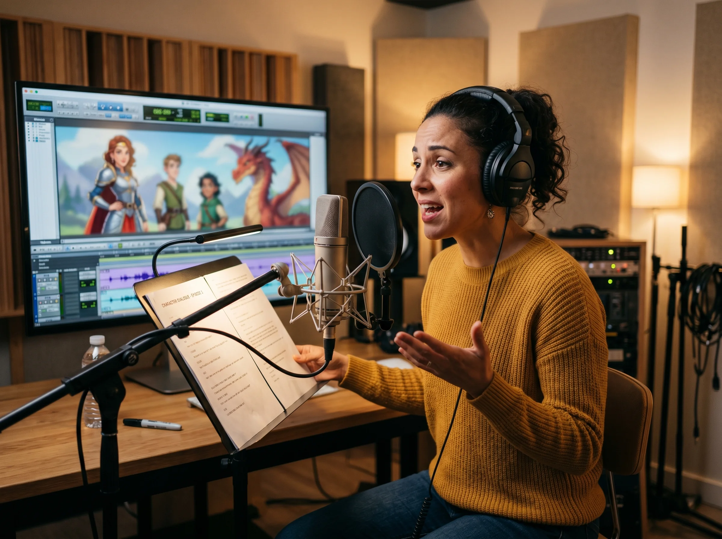 Voice actor recording animated character dialogue.