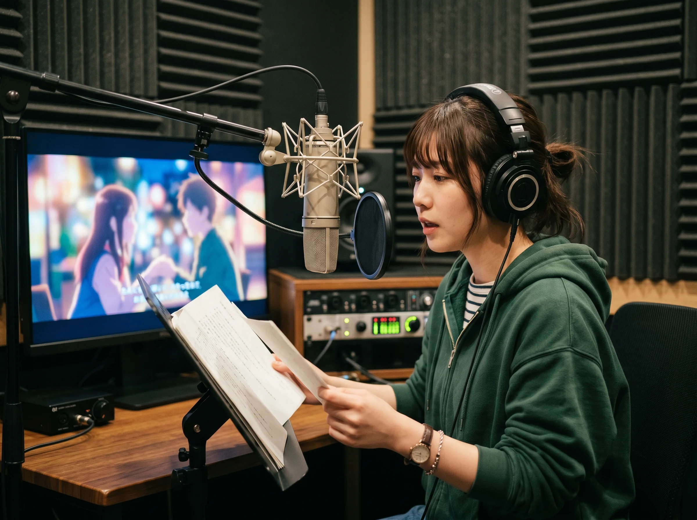 Anime dubbing session inside a recording booth.