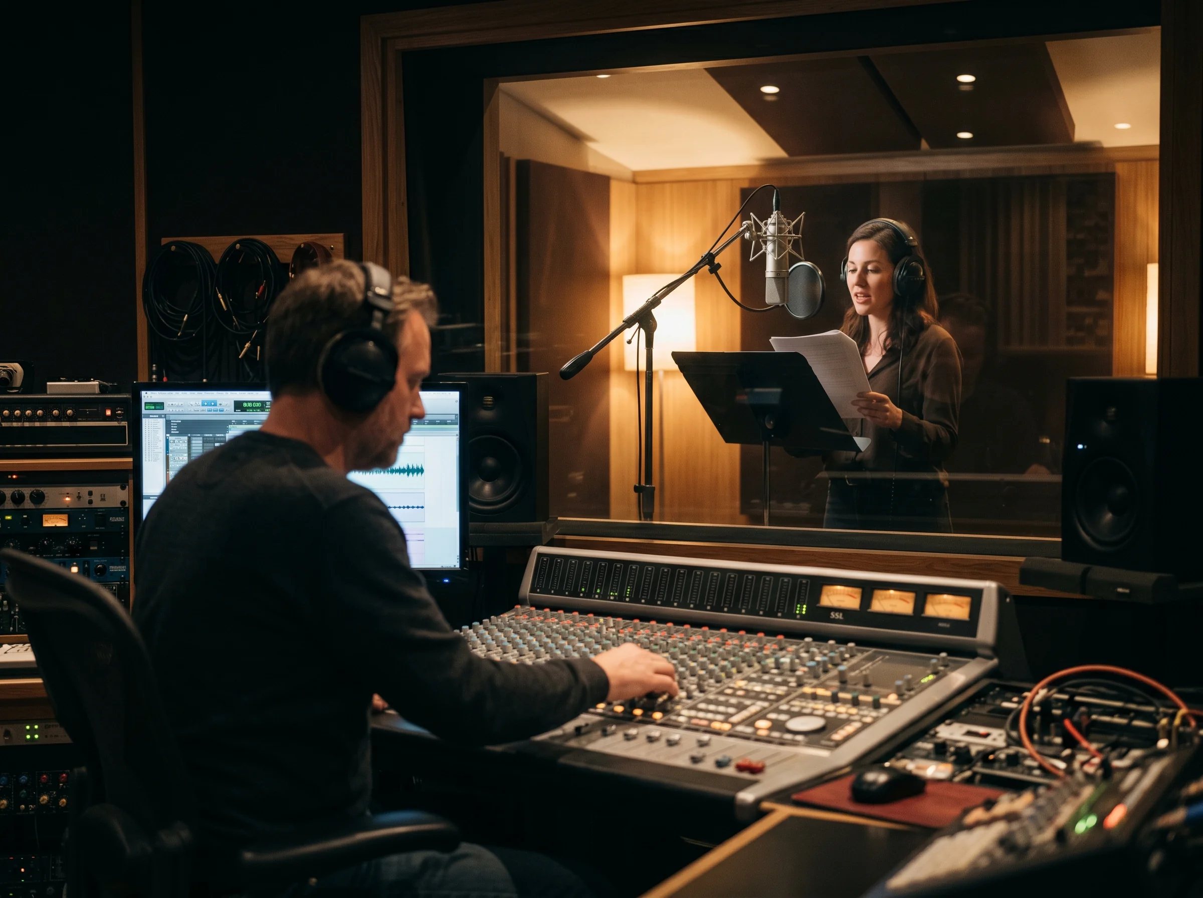 Voice actor reading a script during a recording session.