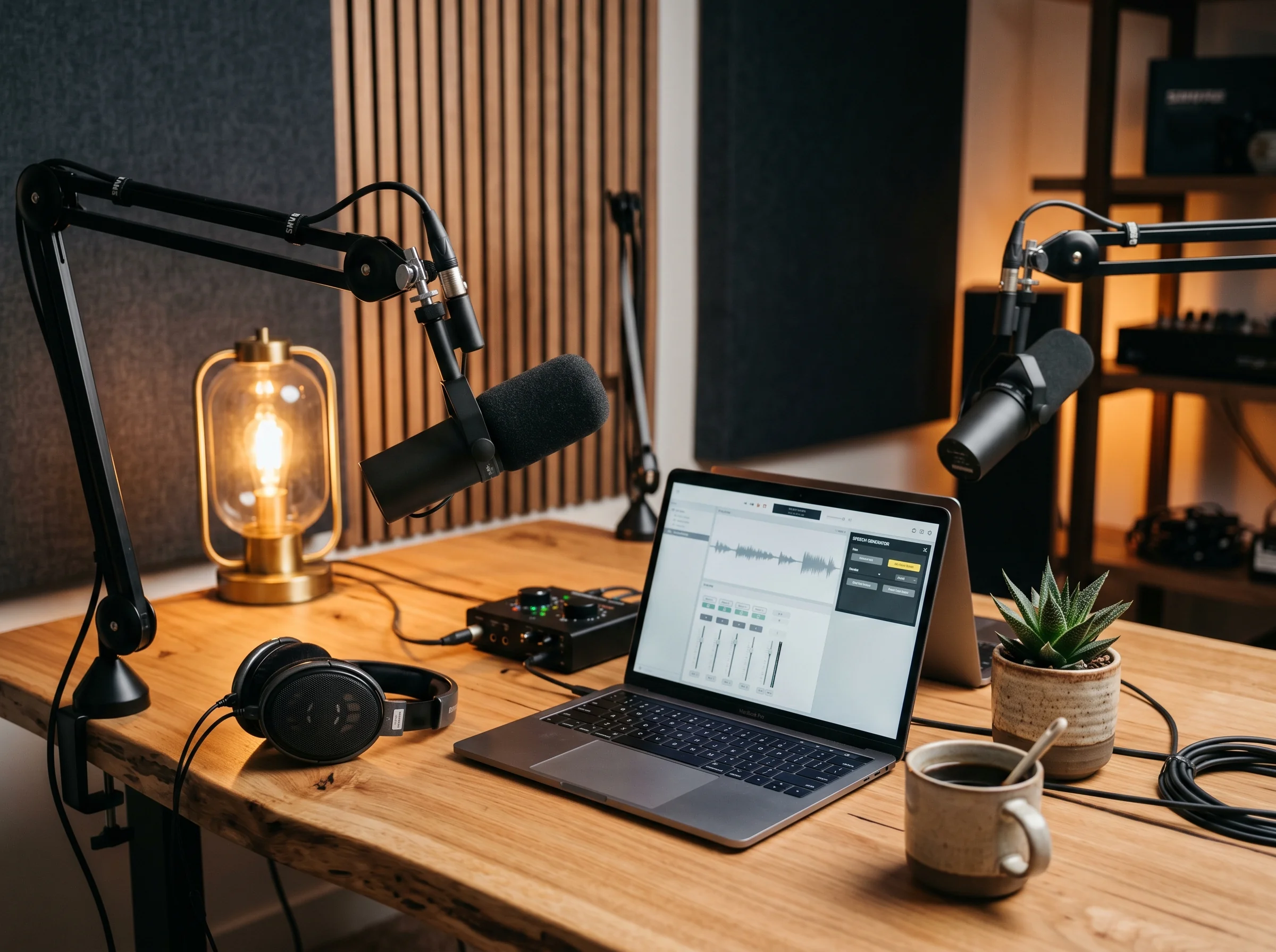 Podcast microphones arranged on a studio table.